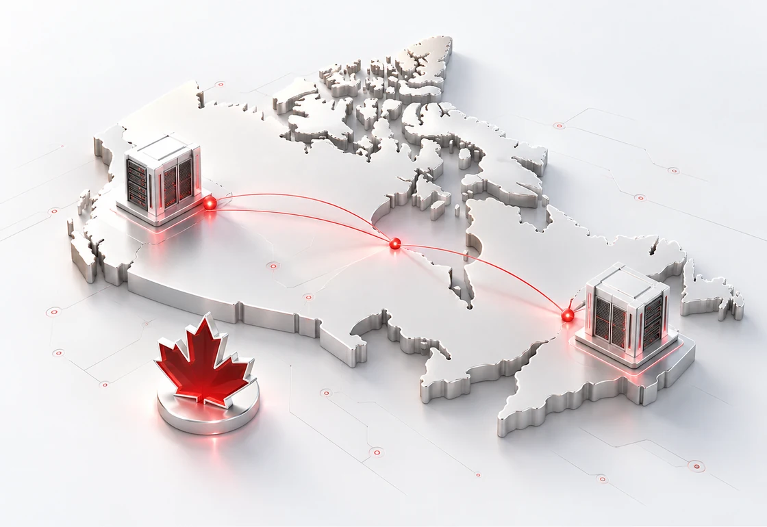 Canadian infrastructure illustration with connected server elements and a maple leaf detail.