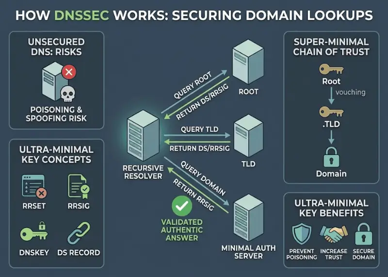 Diagram of DNSSEC trust from the signed root through CIRA's .CA registry and an individual domain to a validating resolver