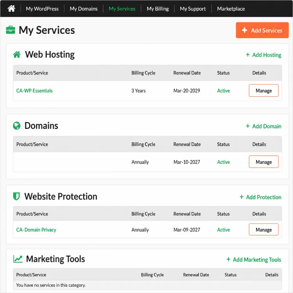 HostPapa dashboard and client area
