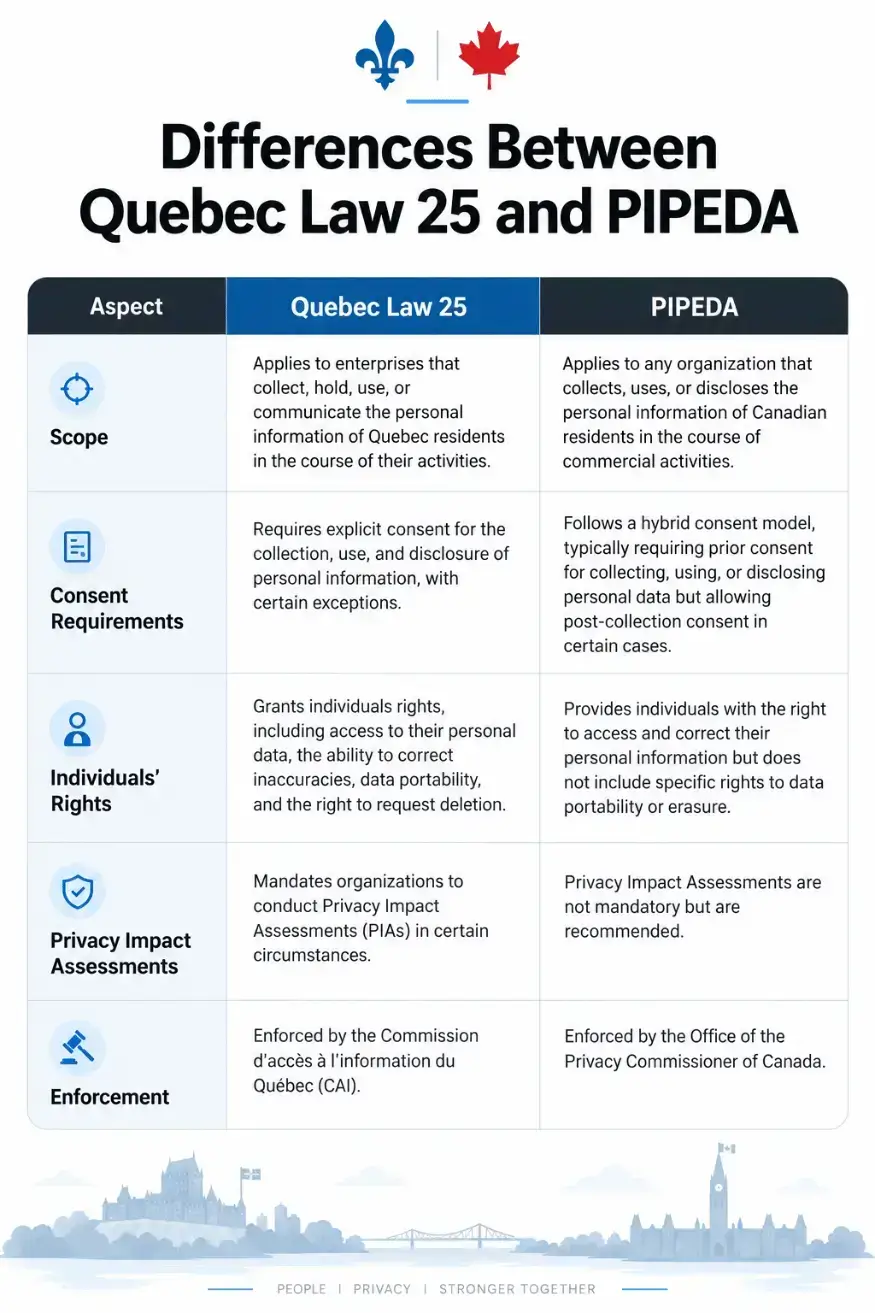 Quebec Law 25 and PIPEDA privacy compliance illustration