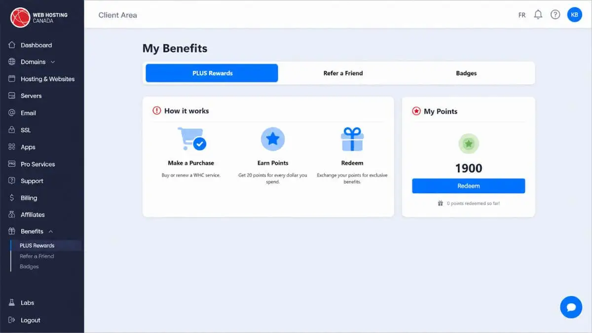 WHC PLUS Rewards points and account credit program in the Web Hosting Canada client area