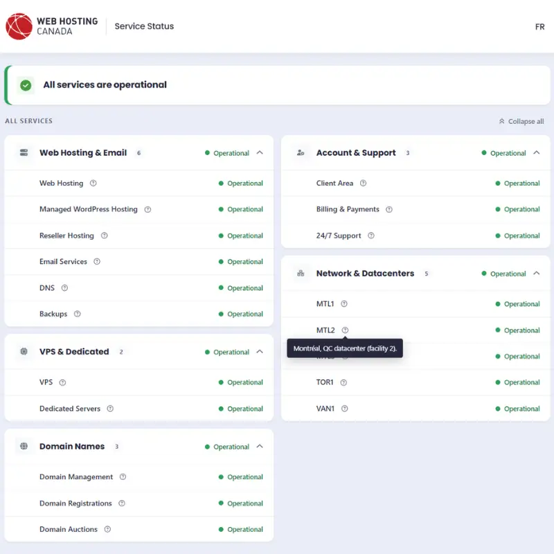 WHC infrastructure status page showing Web Hosting Canada data-centre service status